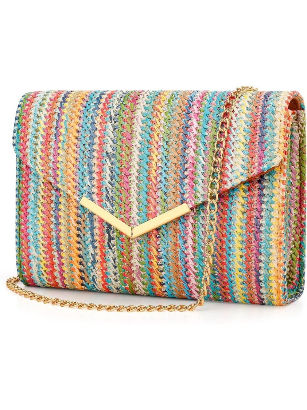 Women's Straw Rainbow Clutch Purses Envelope Chain Wedding Evening Crossbody Bag